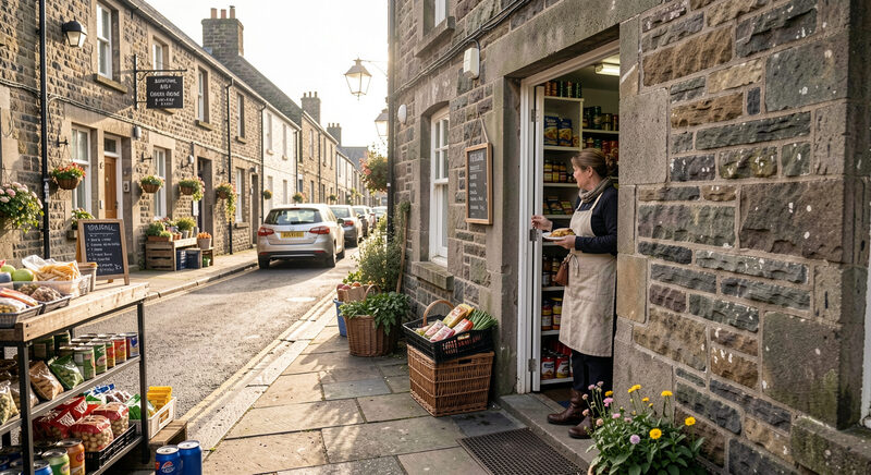 A shopkeeper standing in the doorway of her stocked grocery looking onto a stone built Scottish street.