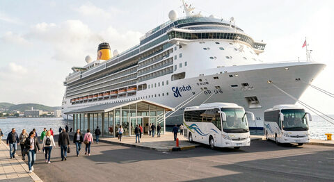 A large cruise ship moored at a quay with passengers walking ashore towards a low visitor centre.